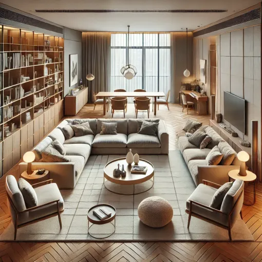 Modern living room with a sectional sofa, rug, coffee table, bookshelf, and dining area in the background.