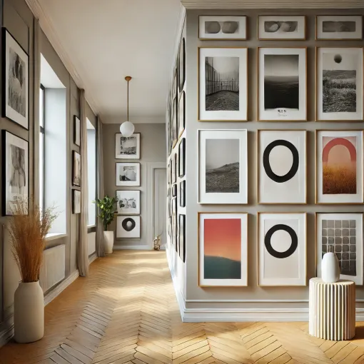 Hallway with herringbone flooring, framed artwork on walls, and natural light from large windows.