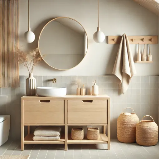 A Scandinavian-style bathroom featuring light wood vanities and neutral tones
