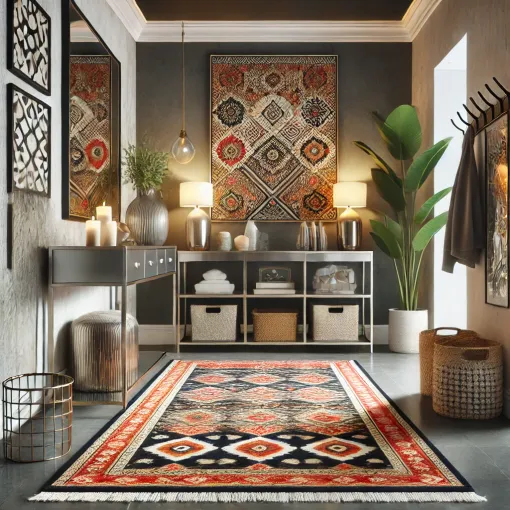 A modern entryway with a bold statement rug