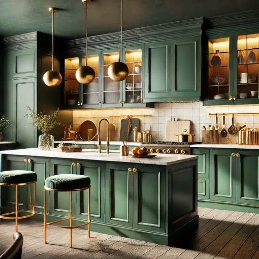Modern kitchen featuring a bold green cabinet design