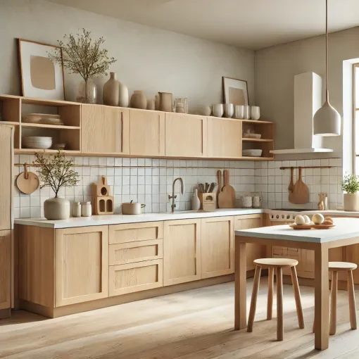 A Scandinavian kitchen with light wood cabinets and minimalist decor
