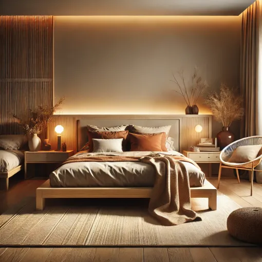 A modern bedroom with warm neutral tones and wooden furniture