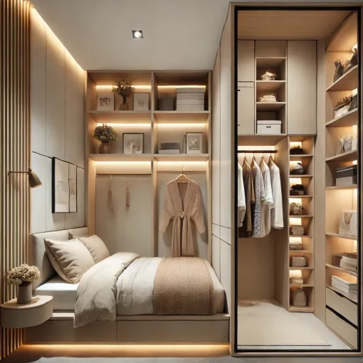 A small bedroom with floating shelves and vertical storage solutions