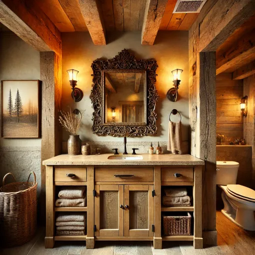 A rustic bathroom featuring wood accents and stone sinks
