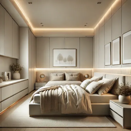 Minimalist bedroom with neutral decor and hidden storage