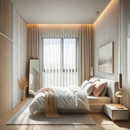 A small bedroom with a light and neutral color palette