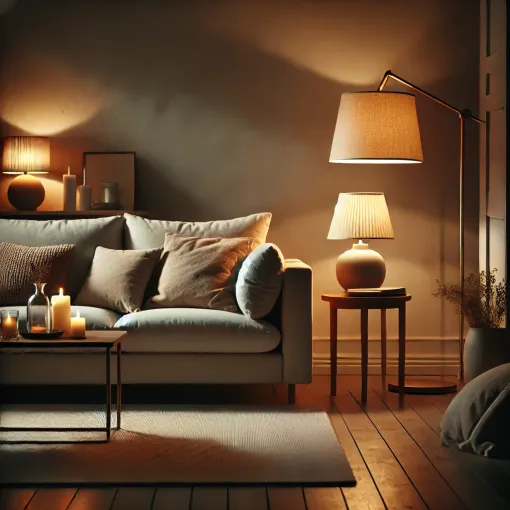 A warm living room illuminated by ambient lighting