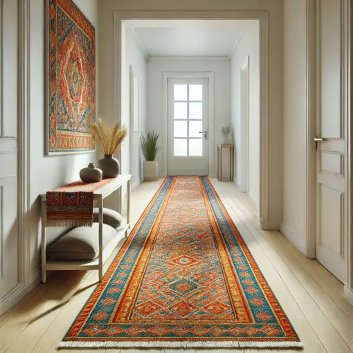 Hallway with a colorful patterned runner, light wooden flooring, and minimalist decor.
