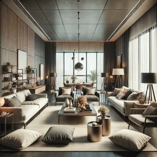 Modern living room with sofas, layered pillows, a coffee table, and soft lighting, featuring a dining area in the background.