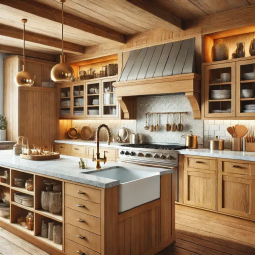 A rustic farmhouse kitchen with exposed wood beams and vintage accents