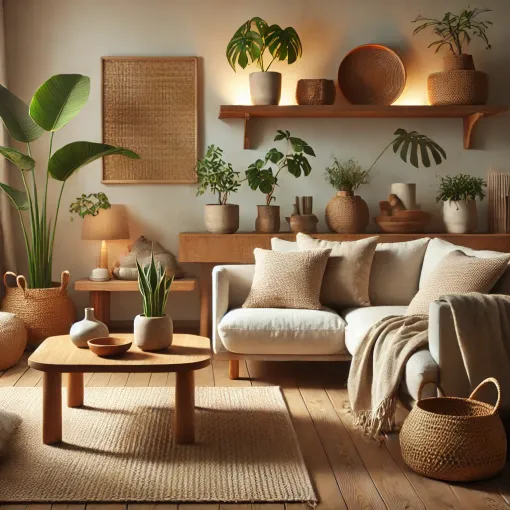 A cozy living room with wooden accents and indoor plants