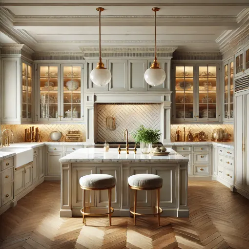 A classic elegant kitchen with shaker cabinets and marble countertops