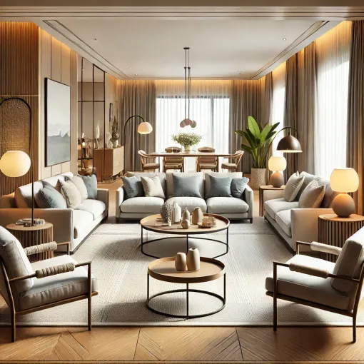 Elegant living room with sofas, a round coffee table, warm lighting, and a dining area in the background.