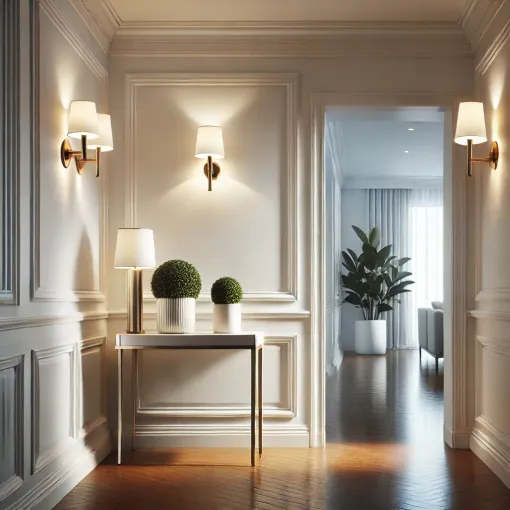 Elegant hallway with wall sconces, a console table, and minimalist decor.