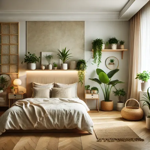 Bedroom with indoor plants and biophilic decor