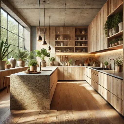 Eco-friendly kitchen with sustainable wood finishes and stone countertops