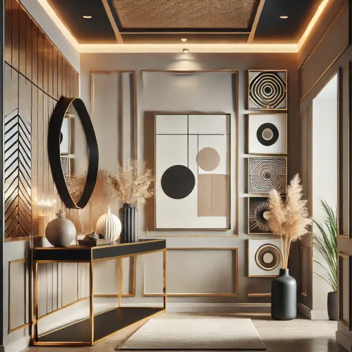 An entryway with a statement mirror and wall art