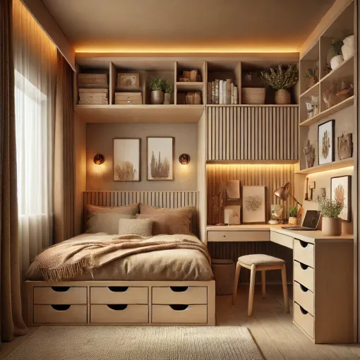 A small bedroom featuring multi-functional furniture like a bed with built-in storage