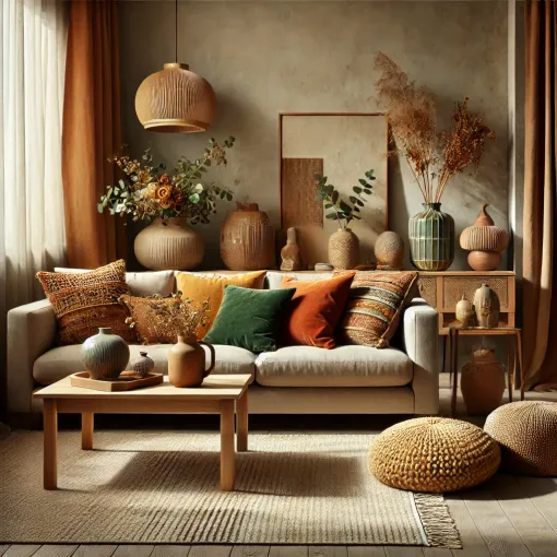 A warm and earthy-toned living room