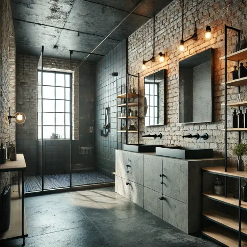 An industrial chic bathroom with exposed brick and black metal fixtures