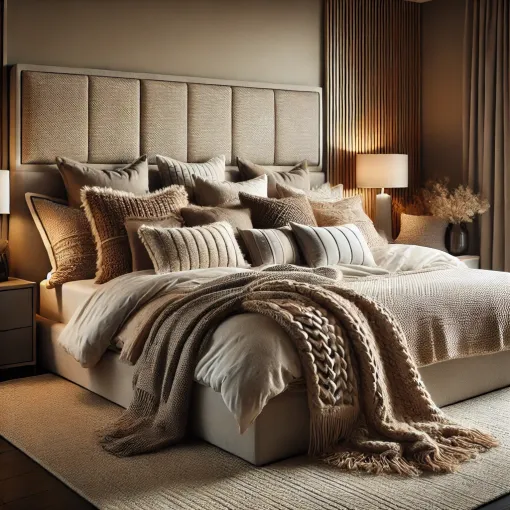 Cozy bedroom with layered bedding and luxurious textures