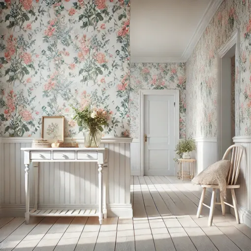 Bright hallway with floral wallpaper, a white console table, and rustic decor.