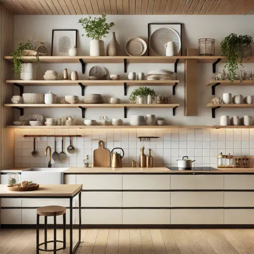 Minimalist open shelving in a contemporary kitchen