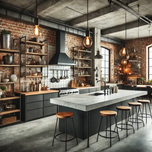An industrial chic kitchen with exposed brick walls and metal accents