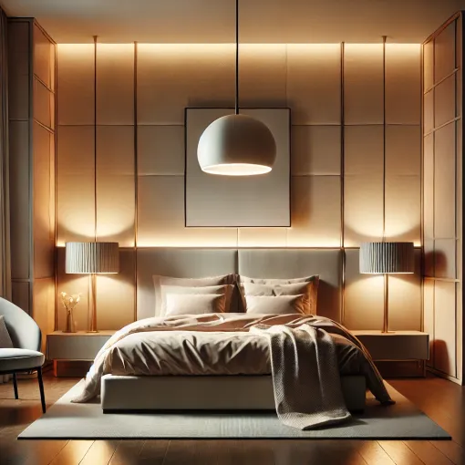 Bedroom with statement pendant lighting and LED accents