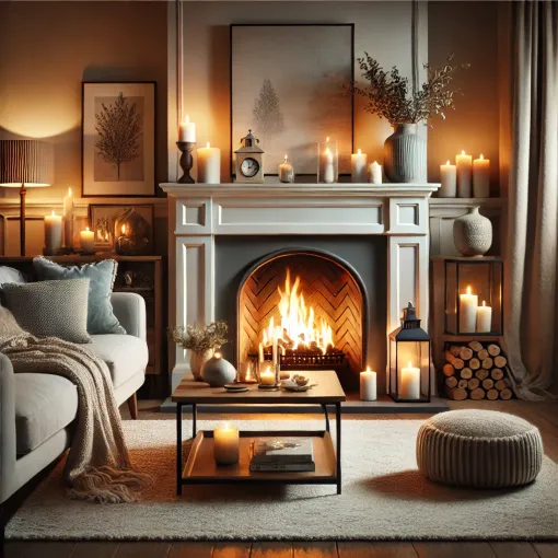 A cozy living room with a fireplace focal point