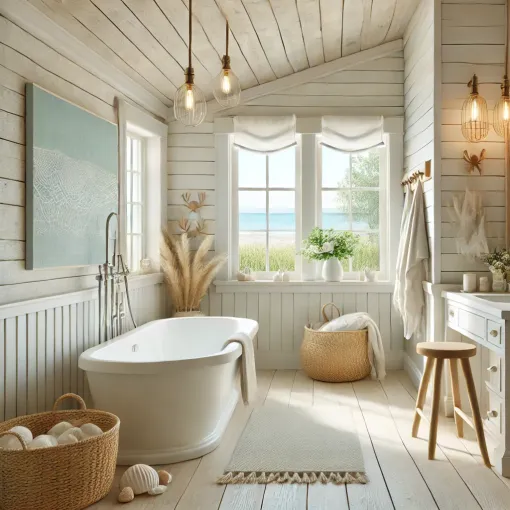 A coastal retreat bathroom with white and blue accents