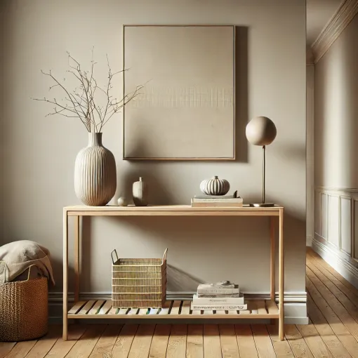 Minimalist console table with decor accents, neutral walls, and wooden flooring.