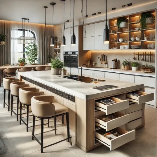 Spacious kitchen island with integrated seating and storage