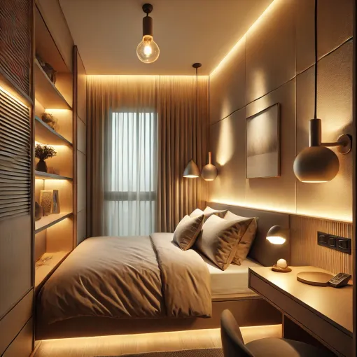 A small bedroom with layered lighting including wall sconces and pendant lights