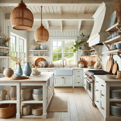 A coastal retreat kitchen with soft blue tones and natural wood accents