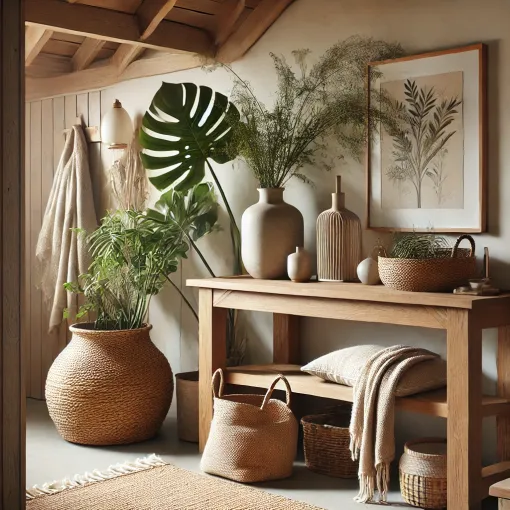 An entryway featuring natural elements like plants and wooden accents