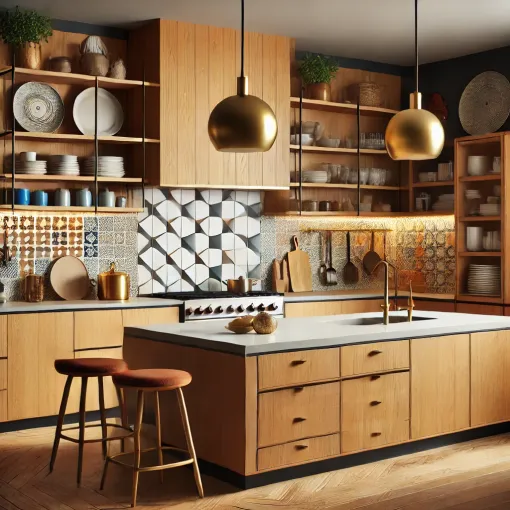 A mid-century modern kitchen with warm wood tones and geometric backsplashes