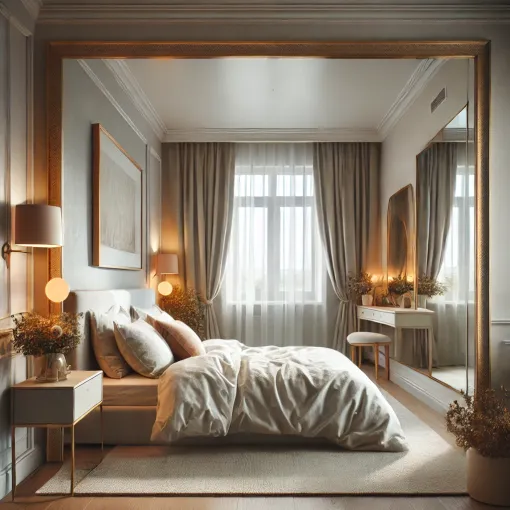 A small bedroom with a large mirror to enhance space