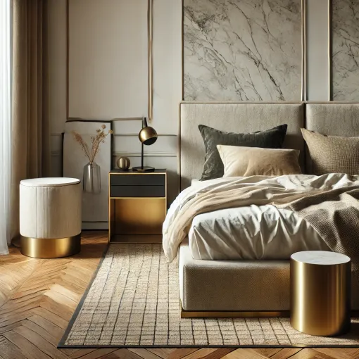 Bedroom featuring mixed materials like wood, stone, and velvet