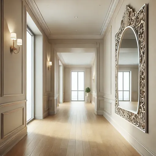 Hallway with a large ornate mirror, wall sconces, and natural light.