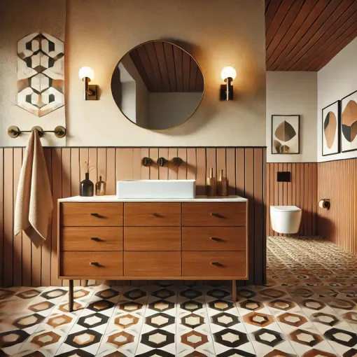 A mid-century modern bathroom with geometric tiles and wood accents