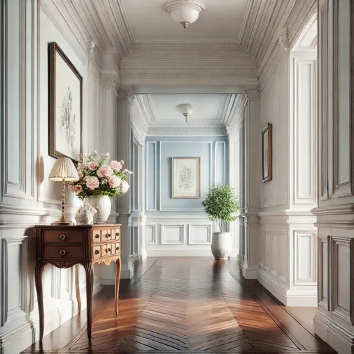 Elegant hallway with wainscoting, a vintage console table, and floral decor.