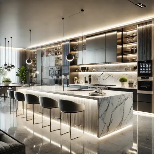 A luxury contemporary kitchen with sleek surfaces and statement lighting