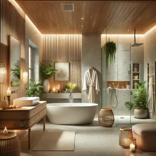 A luxury spa-inspired bathroom with a freestanding tub and soft lighting