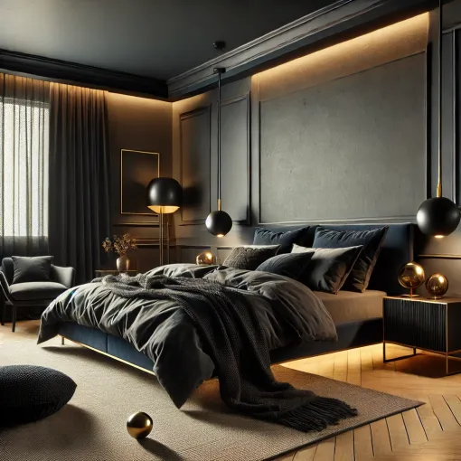 Bedroom with dark walls and moody decor accents