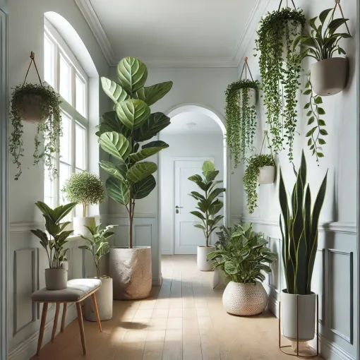 Bright hallway with various potted plants, hanging greenery, and wooden flooring.