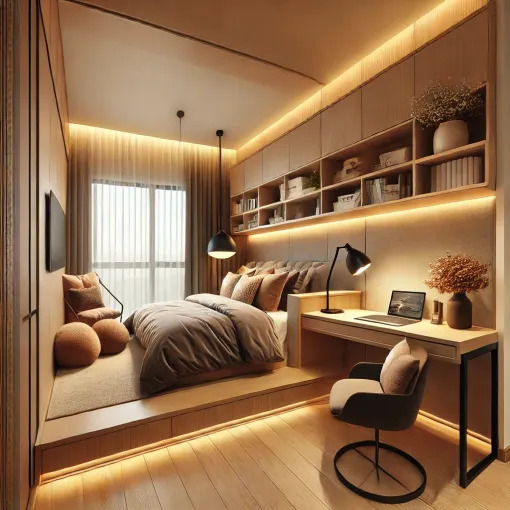 Bedroom with a cozy reading nook and soft lighting