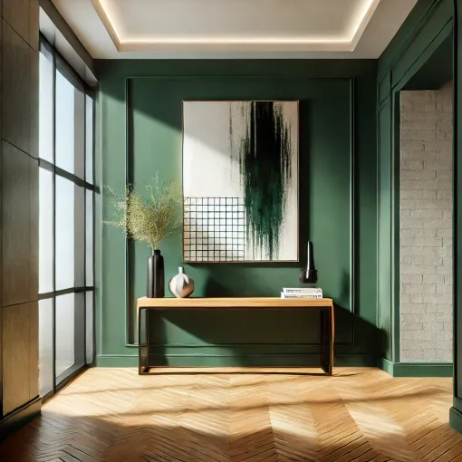 Hallway with a green accent wall, abstract artwork, and a minimalist console table.